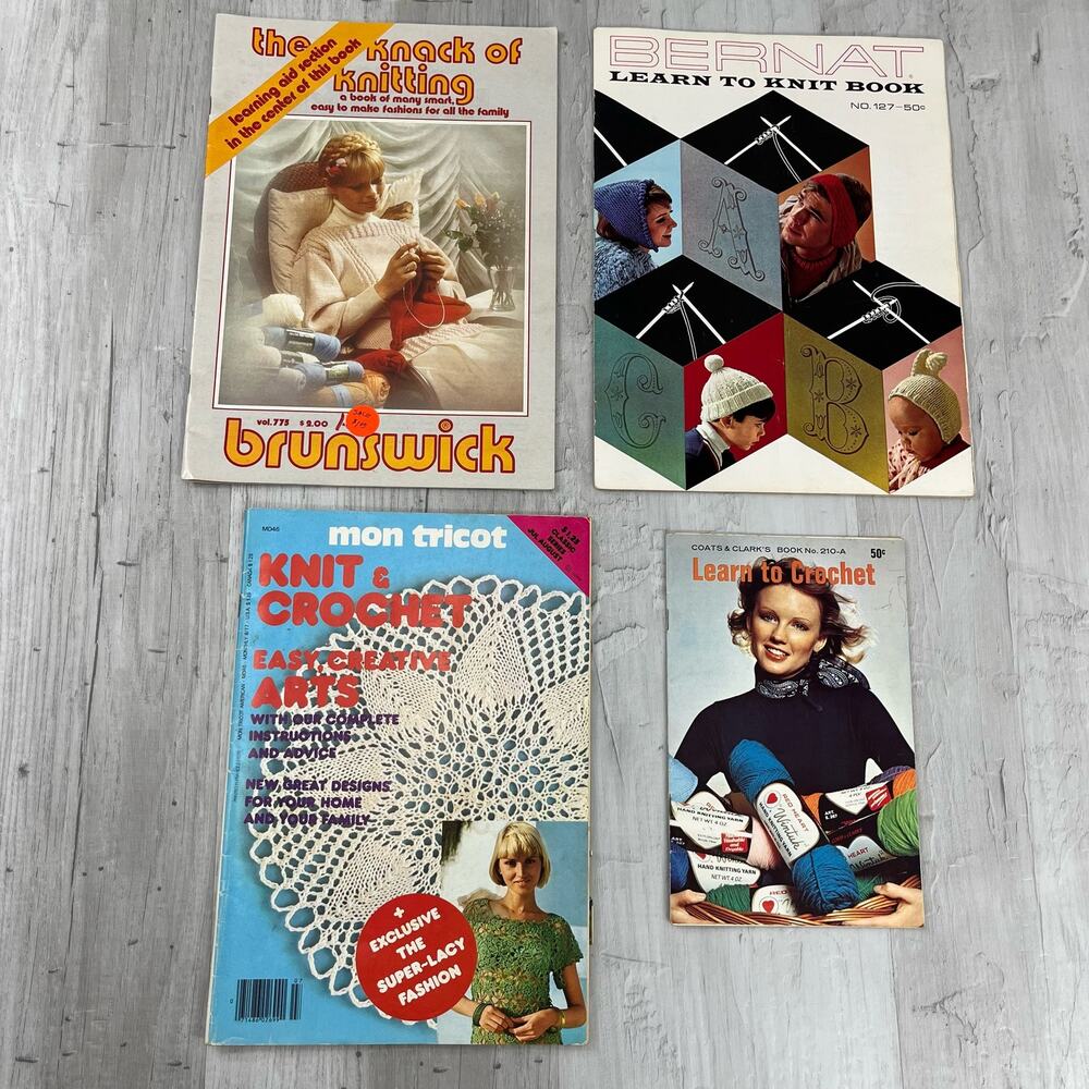 Vintage Learn To Knit & Crochet Magazine Book Lot Bundle Of 4 Bernat Brunswick